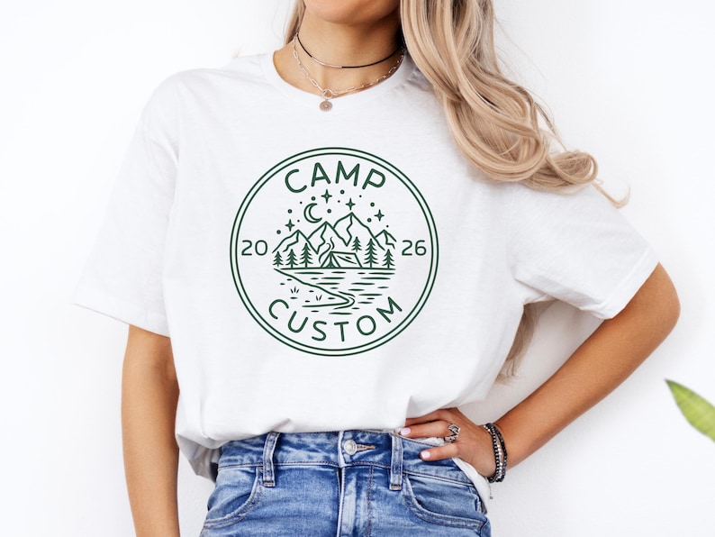 camp custom 2026 nature t shirt forest mountain lake line art graphic tee unisex camping outfit summer road trip hiking travel shirt cozy outdoorsy aesthetic