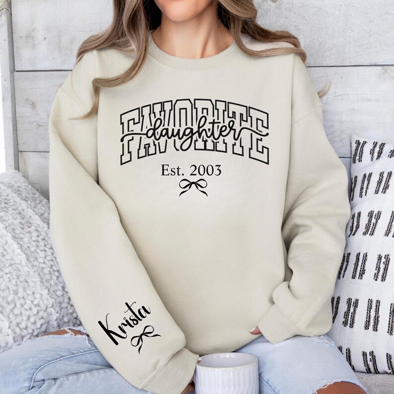 mother daughter gift sweatshirt favorite daughter, personalized mom shirt with est year and name, varsity style mom apparel, black pink white print options, meaningful gift for mom