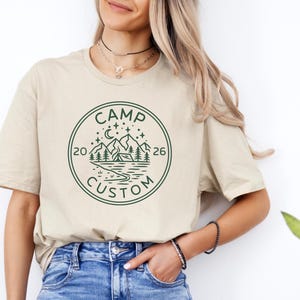 custom camp t shirt 2026 camping badge design outdoor adventure tee mountain landscape tent trees moon graphic unisex gift for campers hikers nature lovers