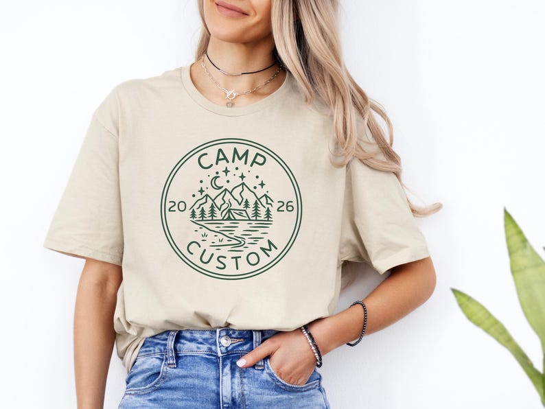 custom camp t shirt 2026 camping badge design outdoor adventure tee mountain landscape tent trees moon graphic unisex gift for campers hikers nature lovers