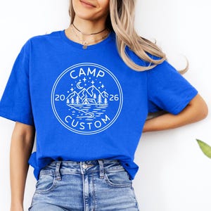 camp custom 2026 t shirt mountain camping graphic tee with tent trees and lake outdoor travel shirt for campground trip hiking lovers and adventure seekers