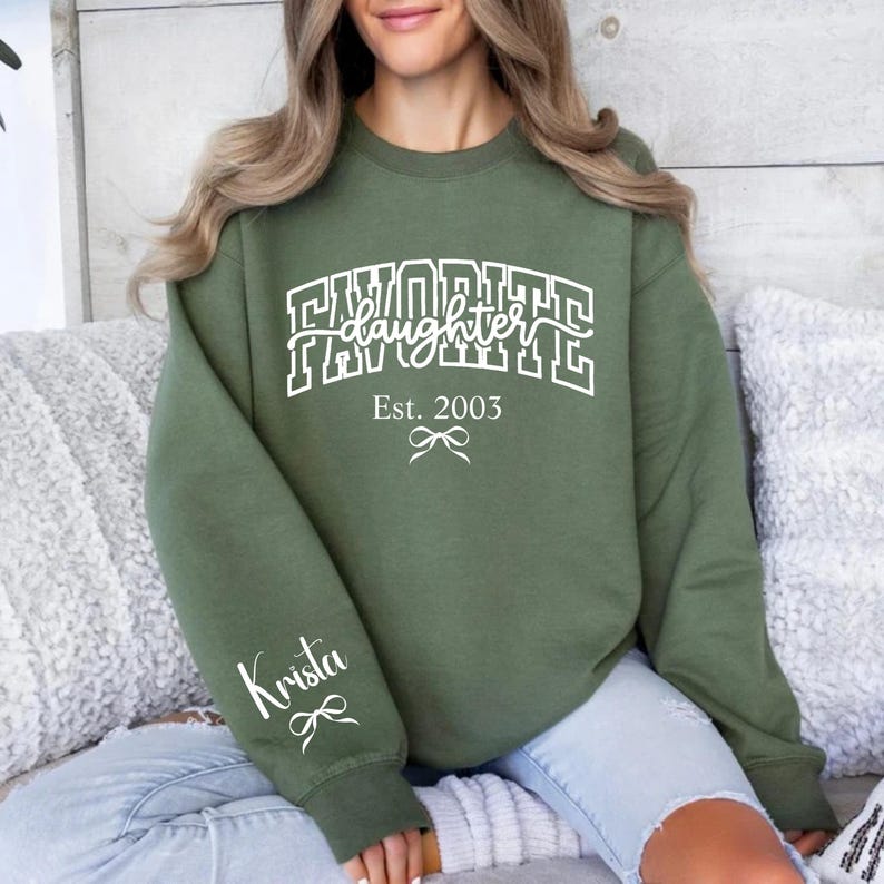 personalized mom sweatshirt daughter est year, favorite daughter varsity style shirt, custom name on sleeve mom gift, black white pink print sweatshirt, emotional mother daughter apparel
