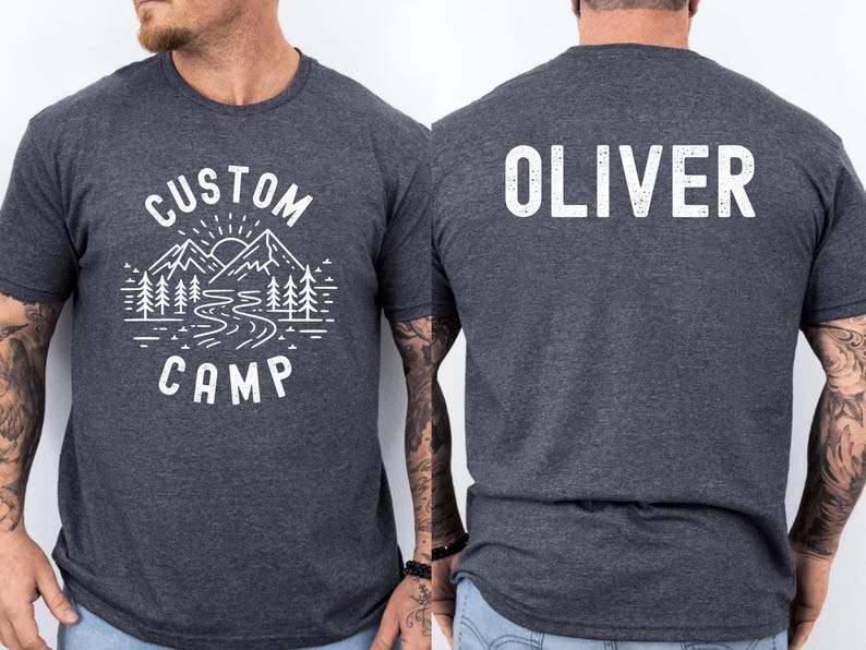 Personalized Outdoor Camp Shirt With Mountain And Forest Scene On Front And Camper Text On Back, Custom Camping T Shirt For Family And Group Trips, Ideal For Nature Lovers And Adventure Outfit.