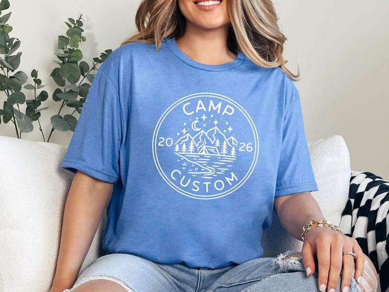 camp custom 2026 t shirt mountain camping graphic tee with tent trees and lake outdoor travel shirt for campground trip hiking lovers and adventure seekers
