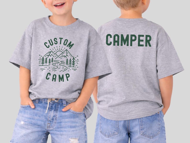 Custom Camp Shirts For Family Featuring Nature Landscape With River And Mountains On Front And Camper Back Print, Personalized Camping Trip T Shirts Perfect For Outdoor Activities And Group Travel.