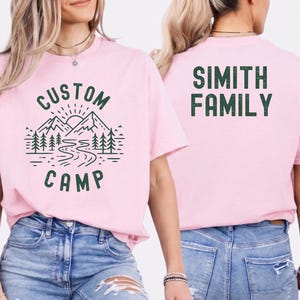Matching Camping Trip Shirts With Custom Text And Nature Design On Front And Camper Print On Back, Personalized Outdoor T Shirts For Family And Group Adventure, Ideal For Hiking And Camping Outfit.