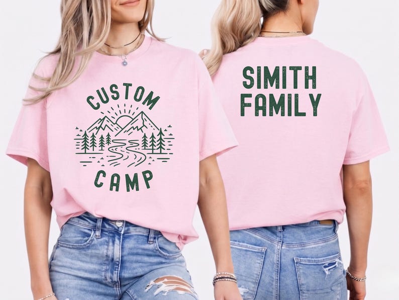 Matching Camping Trip Shirts With Custom Text And Nature Design On Front And Camper Print On Back, Personalized Outdoor T Shirts For Family And Group Adventure, Ideal For Hiking And Camping Outfit.