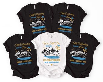 May include: Five t-shirts, four black and one white, with anniversary-themed designs. The shirts feature a cruise ship graphic, palm trees, and the text "Still Celebrating Love Since 1996" and "Jared & Krista's 30th Anniversary Crew."
