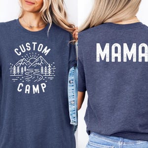 Matching Camping Shirts For Family Featuring Custom Text With Nature Scene Design On Front And Camper Print On Back, Personalized Outdoor T Shirts Perfect For Camping Trip, Hiking And Adventure Activities.