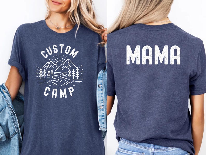 Matching Camping Shirts For Family Featuring Custom Text With Nature Scene Design On Front And Camper Print On Back, Personalized Outdoor T Shirts Perfect For Camping Trip, Hiking And Adventure Activities.
