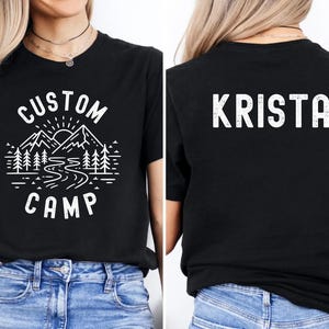 Matching Family Camping Shirts With Custom Text Featuring Nature Landscape Design On Front And Camper Print On Back, Personalized Outdoor T Shirts Perfect For Camping Trip, Hiking And Adventure Activities.