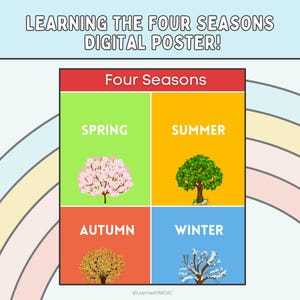 Póster de aprendizaje de las cuatro estaciones / Tabla de aprendizaje imprimible sobre el clima y la naturaleza para niños y aulas
