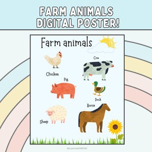 Póster educativo imprimible de animales de granja para niños y aulas.