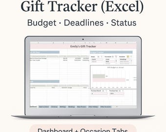 Presentspårning och budget (Excel) | Presentlistor för alla tillfällen för födelsedagar, bröllop och högtider | Digital shoppingplanerare