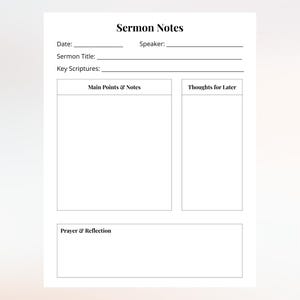 Predigt Notizen Vorlage | Digitale Kirchennotizen | Druckbare Predigt Notizbuch | Notiz Unter PDF für gottesdienst