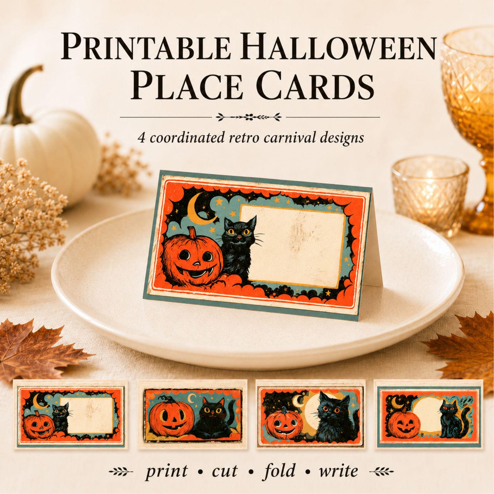 A Vintage Cat-and-Pumpkin Border Vintage-style Halloween place card preview with a black cat and orange pumpkin border.