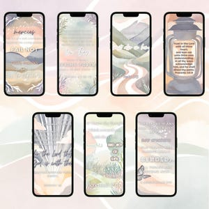 Puede incluir: Seis fondos de pantalla para teléfono con citas inspiradoras y fondos abstractos de acuarela. Las citas incluyen "Es de las misericordias del Señor...", "¿No te he mandado...", "Por tanto, si alguno está en Cristo...", "Confía en Jehová con todo tu corazón...", "Sabemos que todas las cosas...", "Encomienda a Jehová tu camino..."