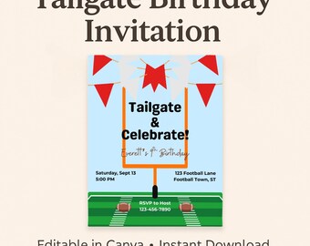 May include: A light blue invitation with the text "Tailgate Birthday Invitation." The invitation features a football field design with a goalpost, footballs, and red pennants. The invitation is 5" x 7".