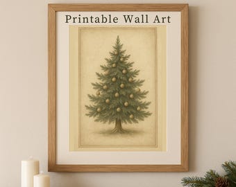Vintage Christmas Tree Wall Art Printable – Christmas Decor | Neutral Holiday Digital Download | Elegant Winter Tree Illustration