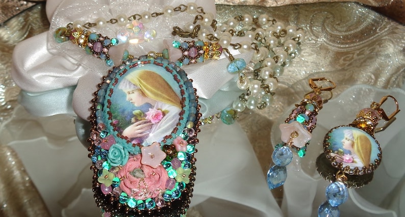 Mary rose garden bead embroidery pendant necklace and earrings Sacred Jewelry Pamelia Designs Artisan Jewelry WHOLESALE