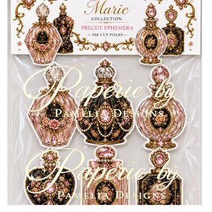 May include: A package of Marie Collection precut ephemera die cut pieces featuring various ornate perfume bottle designs in shades of pink, black, and gold with floral accents, pearls, and faceted gems, all displayed on a white backing card.