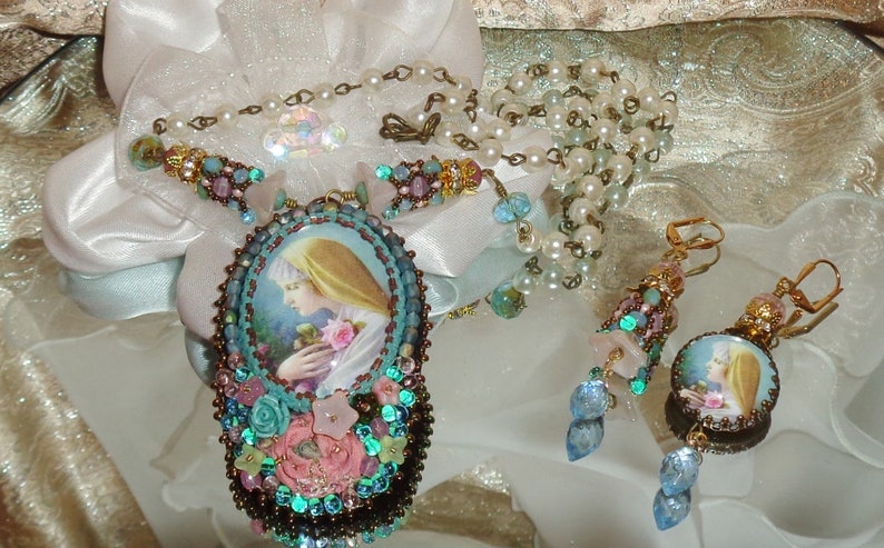 Mary rose garden bead embroidery pendant necklace and earrings Sacred Jewelry Pamelia Designs Artisan Jewelry WHOLESALE