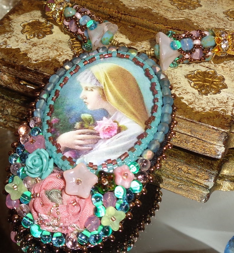 Mary rose garden bead embroidery pendant necklace and earrings Sacred Jewelry Pamelia Designs Artisan Jewelry WHOLESALE