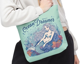 Bolsa tote Mermaid Ocean Dreamer, ideal para o verão, viagens à praia, ecológica, presente para amantes do oceano, elegante e funcional