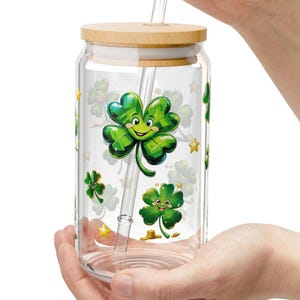 Sipper Glass - Four Leaf Clover Collection, Lucky Irish Shamrock Cup, St. Patrick&#39;s Day Mug, Green Beer Pint Glass, 16oz Drinkware