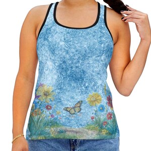 Butterfly and Flowers Women&#39;s Tank Top, Floral Summer Shirt, Nature Lover Gift, Boho Style Top, Vibrant Vacation Wear
