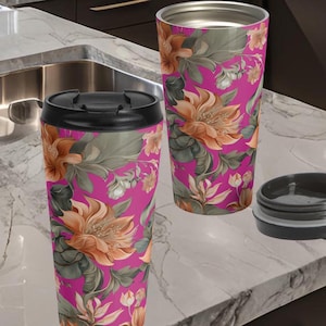 Floral Stainless Steel Travel Mug, Pink Flower Design, Insulated Coffee Cup, On-the-Go Tumbler, Traveler&#39;s Tea Thermos, Cute Gift Idea