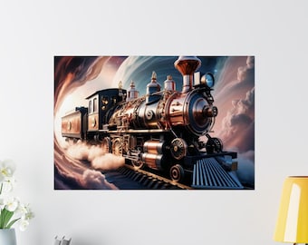 Vintage Steam Punk Locomotive Satin Poster: Train Art Print