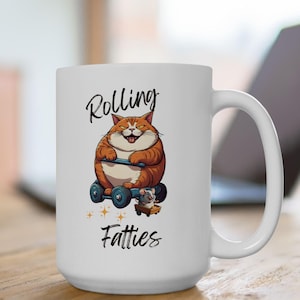 Ceramic Mug, Big Cat and Mouse on Wheels, Rolling Fatties, Coffee Cup, Tea Mug, Kitchen Decor, Gift for Animal Lovers, Funny Cat Lover Gift