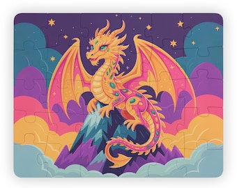 May include: A colorful jigsaw puzzle featuring a cartoon dragon perched atop a mountain. The dragon has orange and pink wings, a yellow body, and green eyes. The background includes a night sky with stars and colorful clouds.