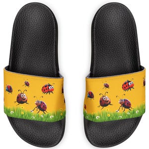 Sandals - Lady Bug Design, Youth Girls Summer Shoes, Cute Cartoon Theme Footwear, Red Black Garden Print, Kids Flip Flops, Beachwear