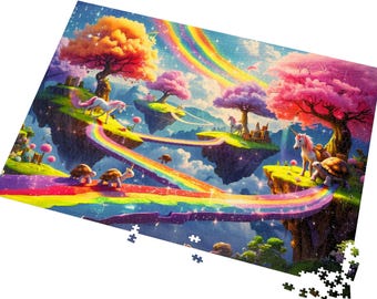 Unicorn Rainbow Jigsaw Puzzle, Turtles on rainbow bridge, Fantasy Scene, Family Game Night, Gift for Puzzle Lovers, Fun Activity All Ages