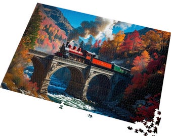 Autumn Train Jigsaw Puzzle in Tin - Steam Engine on Bridge, Perfect Family Game Night, Gifts for Puzzle Lovers, Fall Decor, Collectible Art