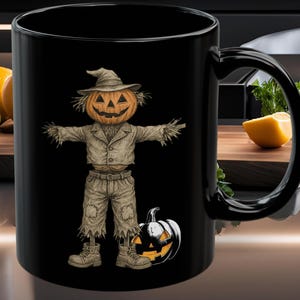 Halloween Mug, Scarecrow and Black Pumpkin Design, Spooky Coffee Cup, Autumn Home Decor, Fall Kitchenware, Seasonal Gift Idea, Creepy Tea