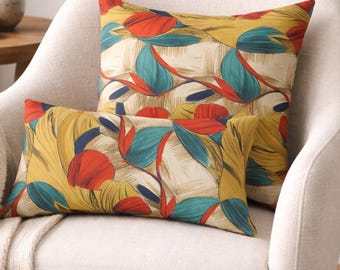 Floral Lumbar Pillow: Red, Yellow, Teal Botanical Sketch