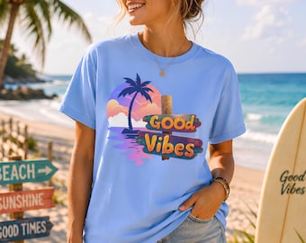 T-shirt Good Vibes Beach, T-shirt coucher de soleil tropical, T-shirt vacances d'été, T-shirt motif palmiers, T-shirt motif bord de mer, Cadeau pour amoureux de la plage