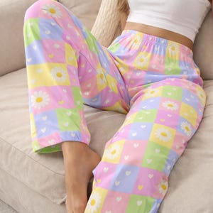 Pastel Patchwork Daisies & Hearts Pajama Pants | Kawaii Cozy Lounge Sleepwear