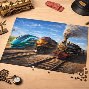 Vintage Train Puzzle, Classic Locomotive Jigsaw, Railroad Lovers Gift, Family Fun Activity, Perfect for Train Enthusiasts