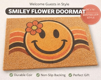 Smiley Flower Face Doormat | Retro Rainbow Smile Coir Mat