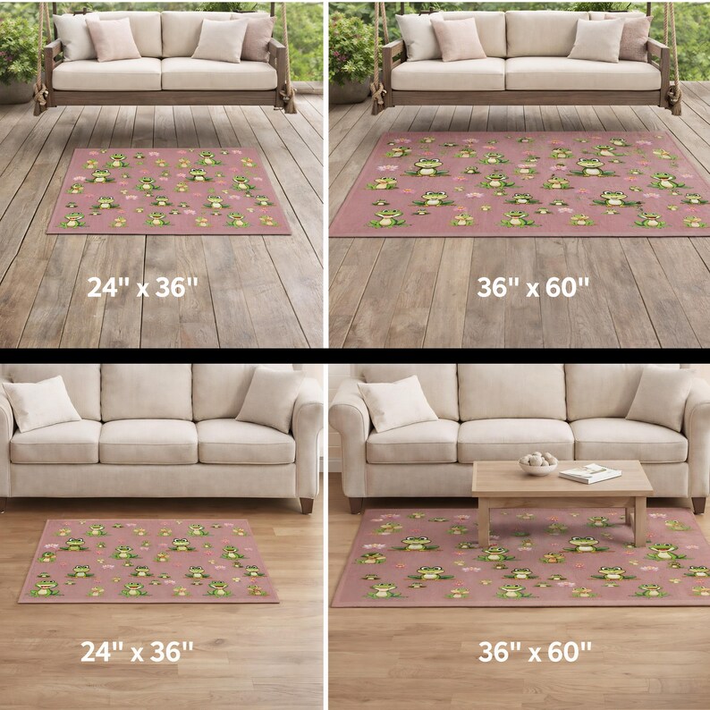 May include: Pink area rugs with a repeating pattern of green frogs and lily pads. The rugs are available in two sizes: 24 inches by 36 inches and 36 inches by 60 inches.