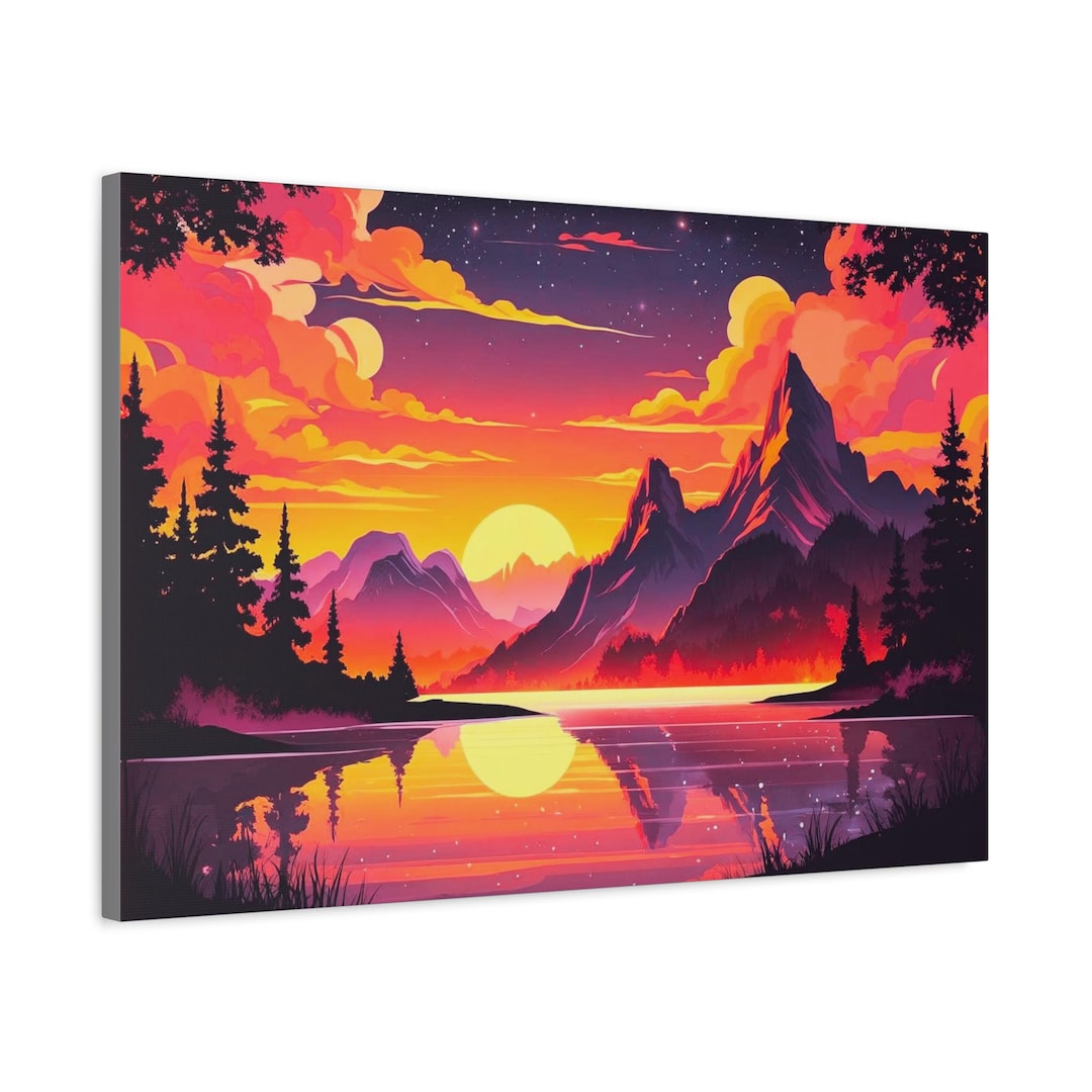 Vibrant Sunset Landscape Canvas Art: Colorful Mountain Home Decor - Etsy