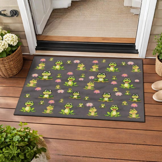 Whimsical Frog Lily Pad Outdoor Rug | Cottagecore Pond Door Mat