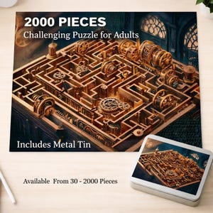 May include: A 2000-piece jigsaw puzzle with a steampunk maze design, featuring gears and mechanical elements in gold and brown. The puzzle is described as a challenging activity for adults and includes a metal tin.