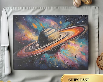 Saturn Cutting Board, Rainbow Swirl Cosmic Kitchen Art