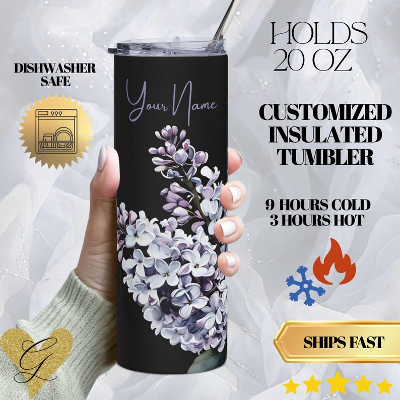 Personalized Summer flower disgn Stanley like insulated thermos 20 oz Dark Floral skinny Tumbler thermos for vacation or gift image 1