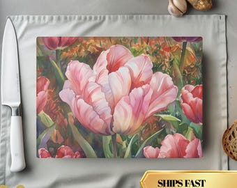 Pink Tulip Field Plastics freGlass Cutting Board, Watercolor Floral Art Kitchen Decor, Witchy Botanical Home Gift, gardening lover gift